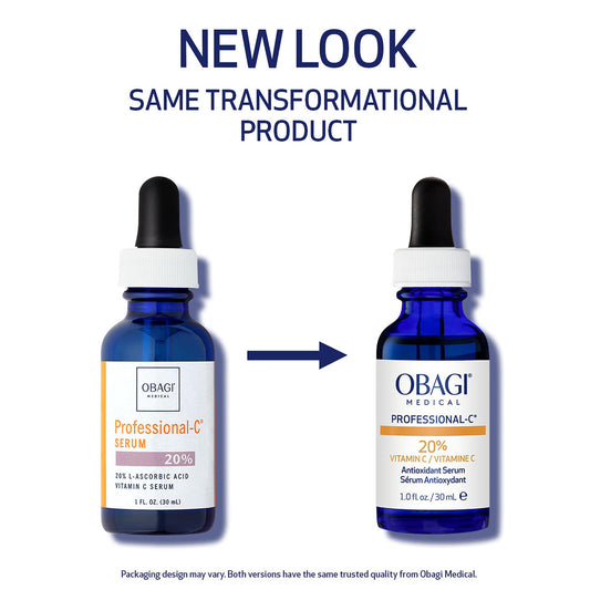 Obagi Professional C Serum 20% label close-up highlights concentration for brightening.