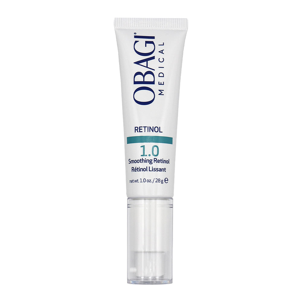 Obagi Medical Retinol 1.0 Cream jar closeup, premium packaging for nightly anti-aging care.
