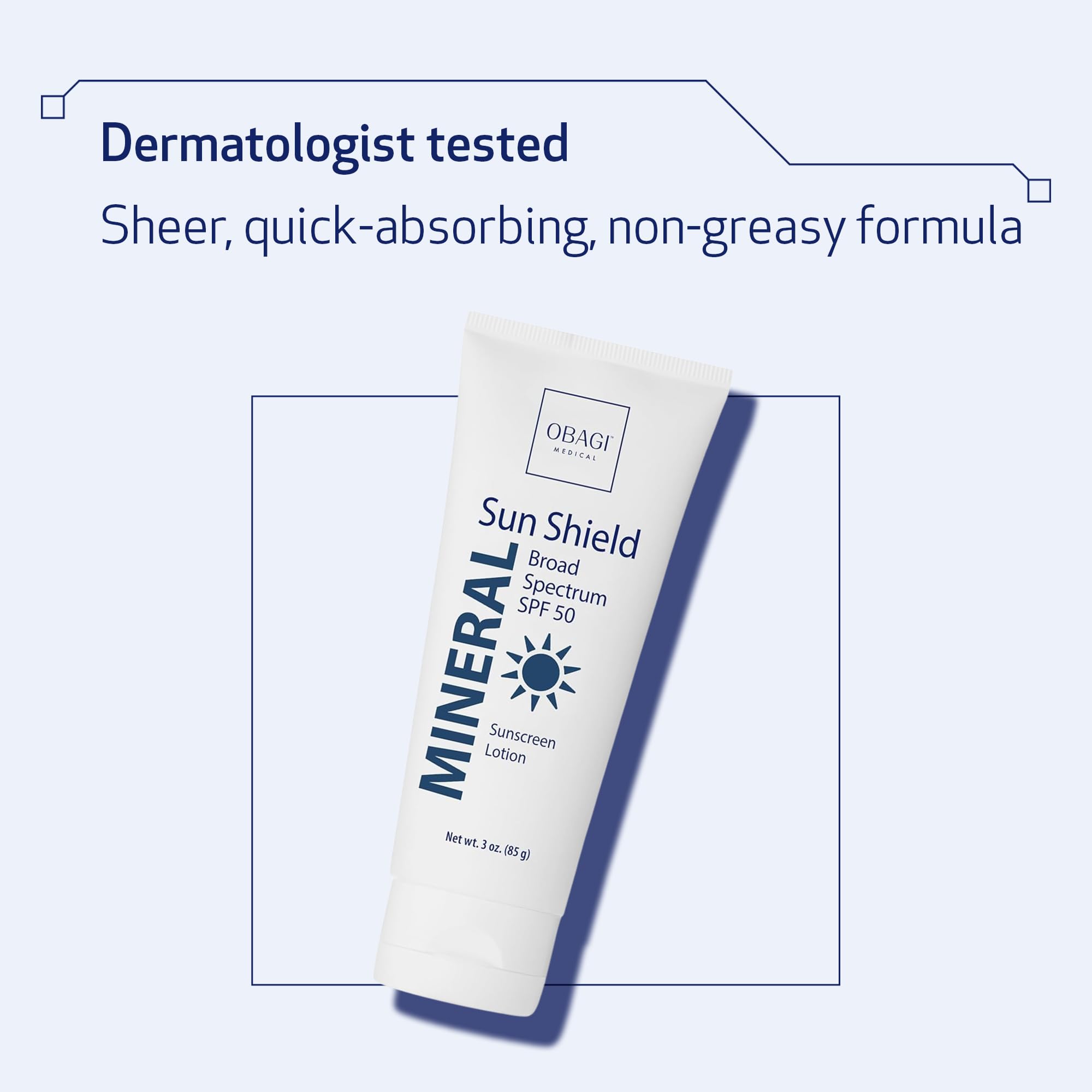 Dermatologist tested badge on Obagi Sun Shield box highlighting credibility.