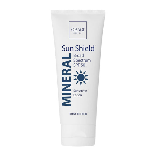 Obagi Sun Shield Mineral Sunscreen bottle with SPF 50 offering sheer, fast-absorbing protection.
