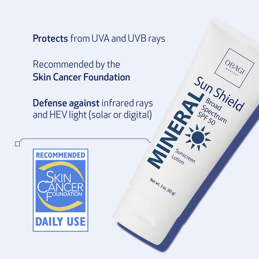 Obagi Sun Shield SPF 50 label close-up highlighting zinc oxide content for broad spectrum coverage.