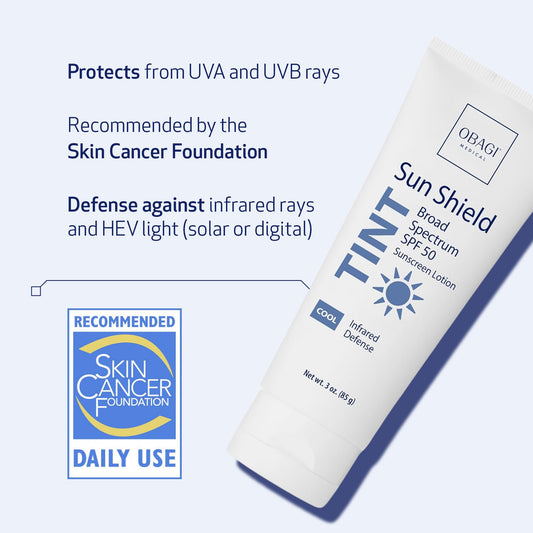 Obagi Sun Shield tinted sunscreen swatch on hand shows sheer, blendable coverage.