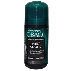 OBAO deodorant label closeup shows branding and product details.