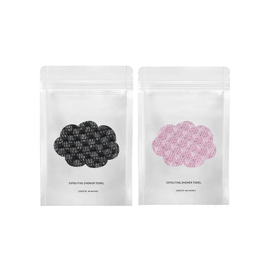 Obemary Blissal exfoliating towel pack shows 48-inch reach for back cleaning.