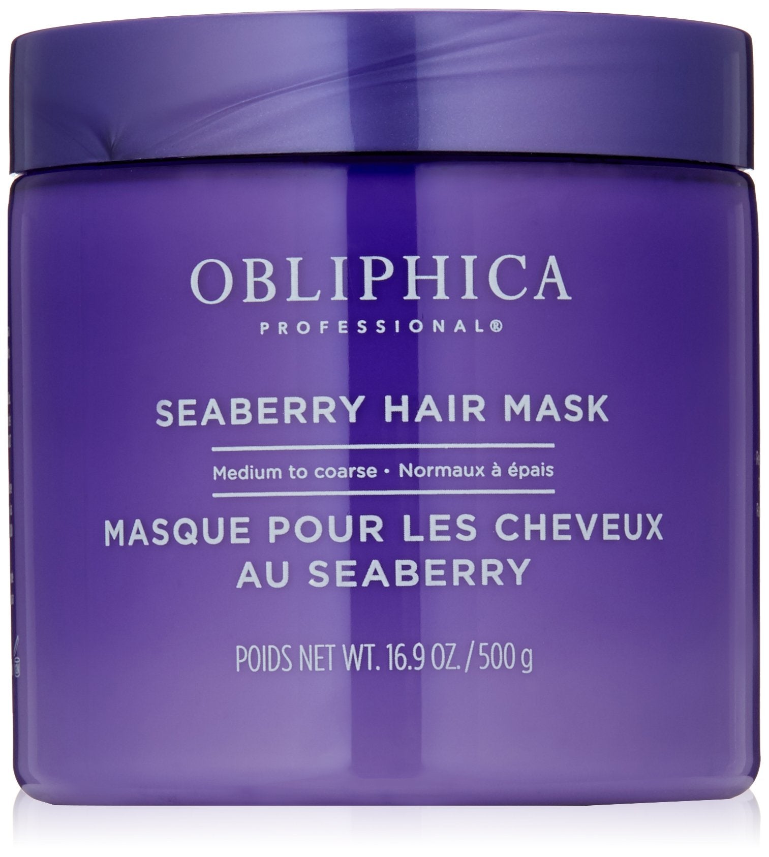 Obliphica Professional Seaberry Mask bottle shows nourishing formula for thicker, shinier hair.