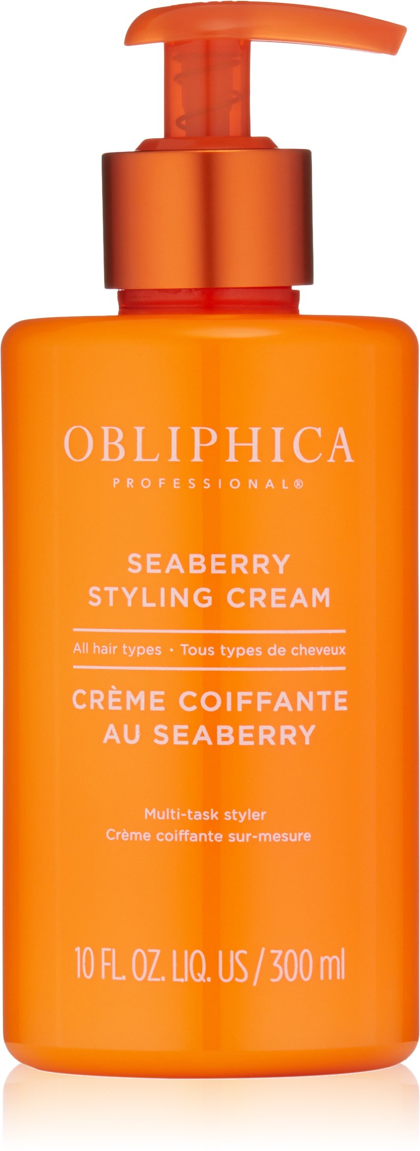 Obliphica Professional Seaberry Styling Cream bottle pour for frizz control and smooth style.