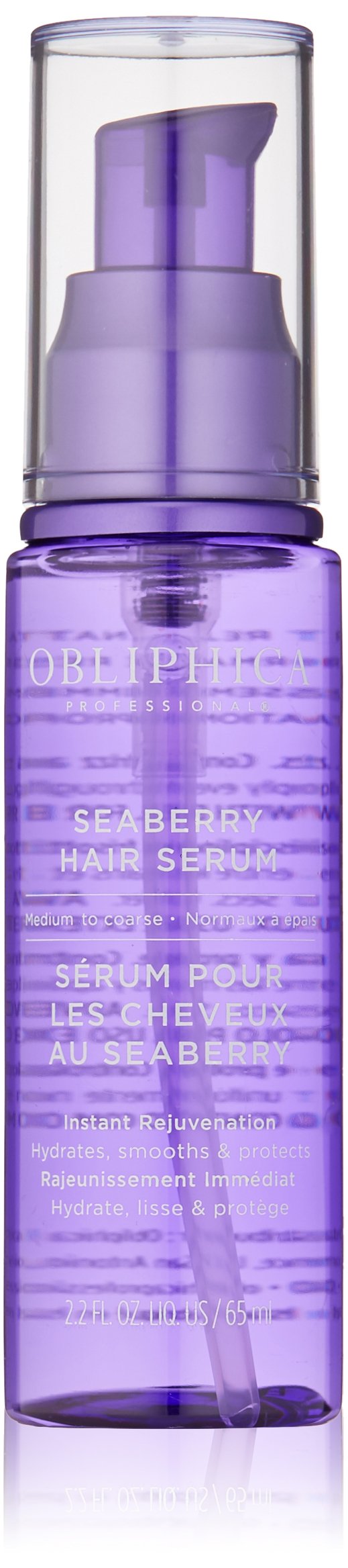 Obliphica Seaberry leave-in bottle demonstrates frizz-control for medium to coarse hair.