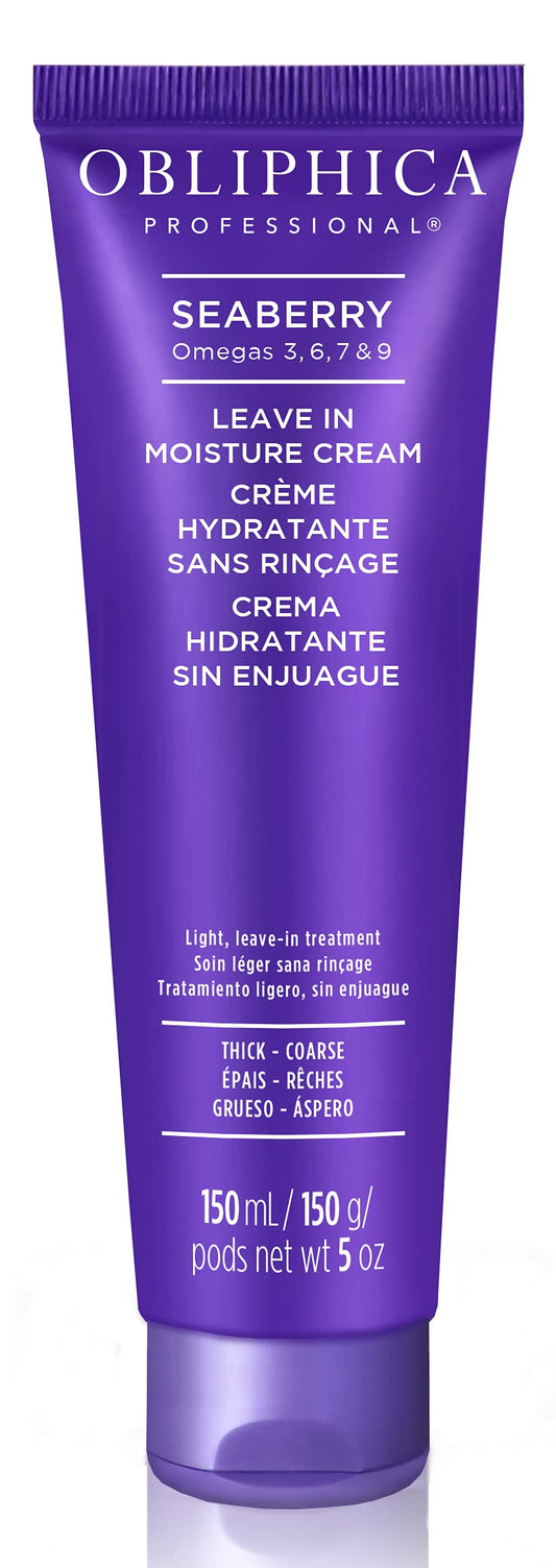 Obliphica Seaberry Leave-In bottle delivering anti-frizz hydration for daily styling.