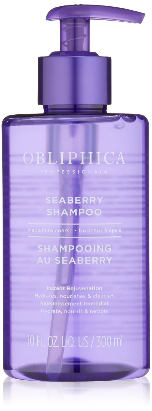 Obliphica Seaberry Shampoo bottle for frizz control and nourishment.