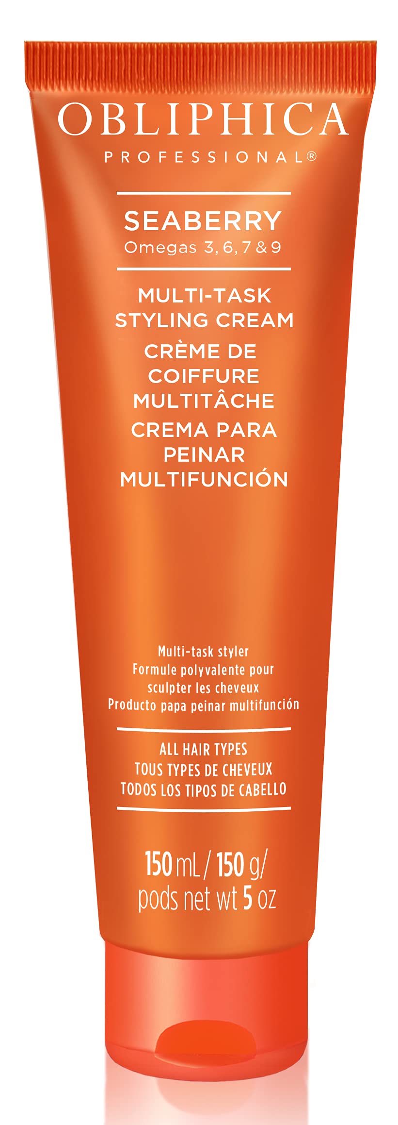 Obliphica Seaberry Styling Cream bottle showing anti-frizz and heat protection benefits.