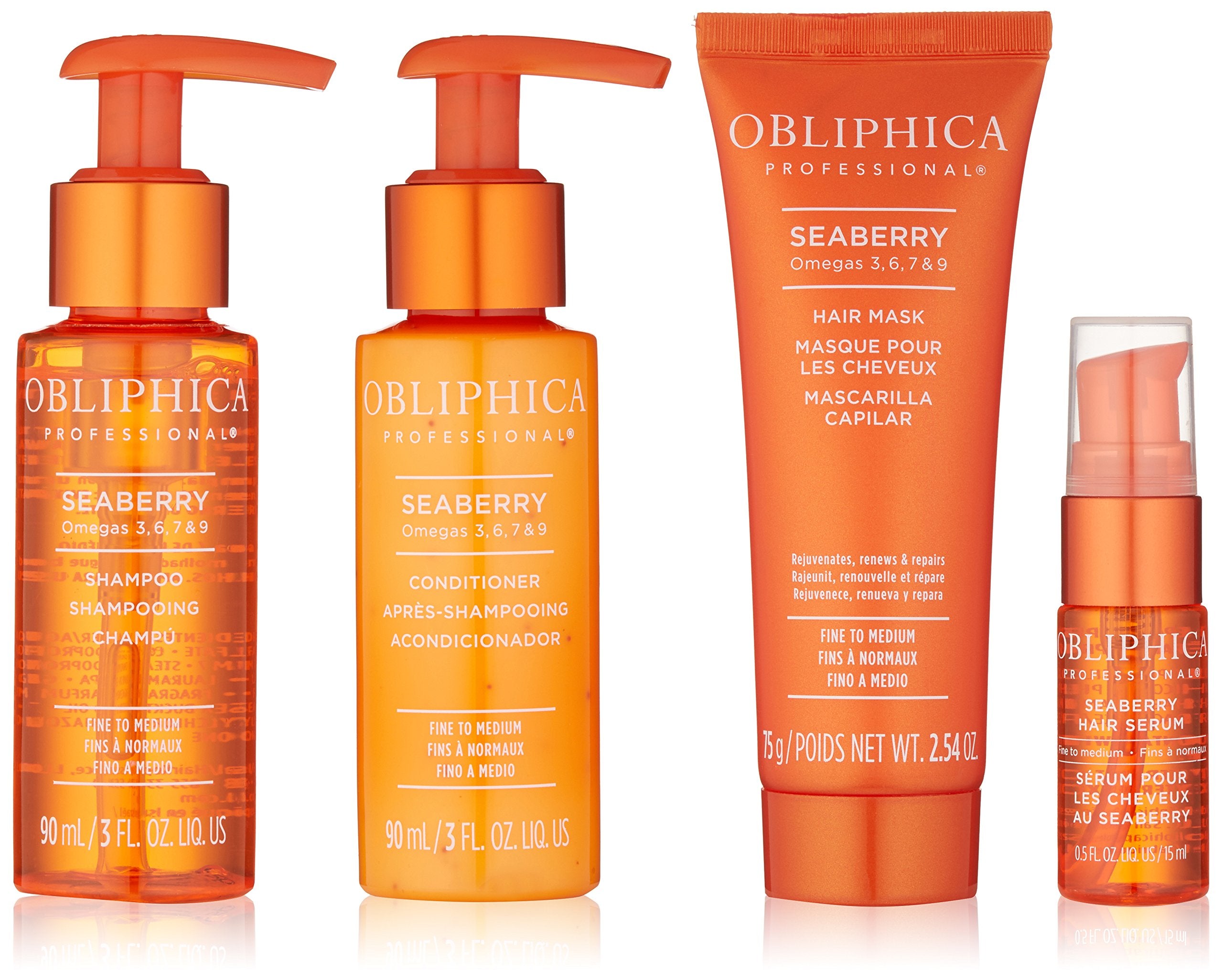 Obliphica Seaberry Travel Kit bottle demonstrates on-the-go frizz control and nourishment.