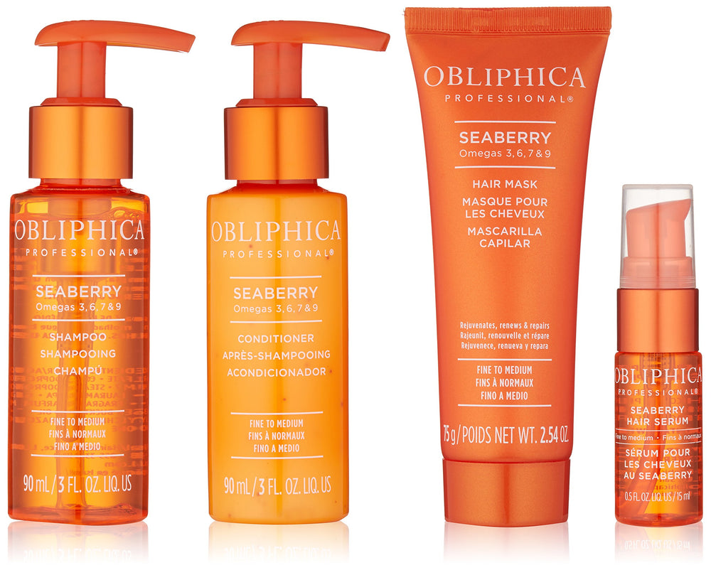 Obliphica Seaberry Travel Kit bottle demonstrates on-the-go frizz control and nourishment.
