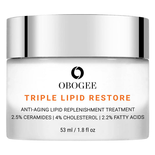 OBOGEE Triple Lipid-Peptide Cream bottle closeup highlighting ceramides and hydration