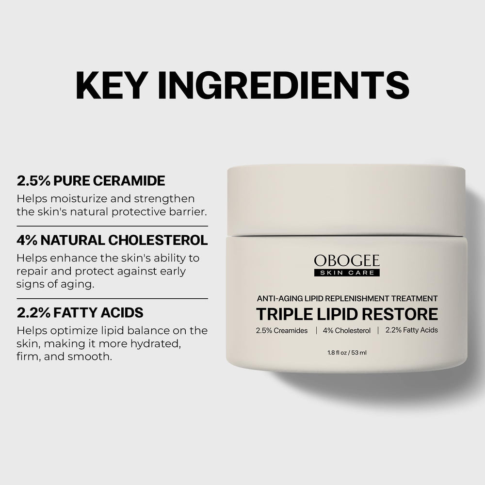 OBOGEE Triple Lipid Restore bottle on skin showing easy application and moisture.