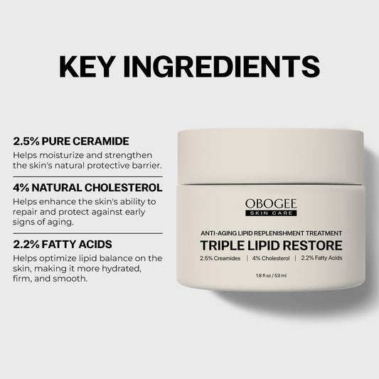 OBOGEE Triple Lipid Restore bottle on skin showing easy application and moisture.