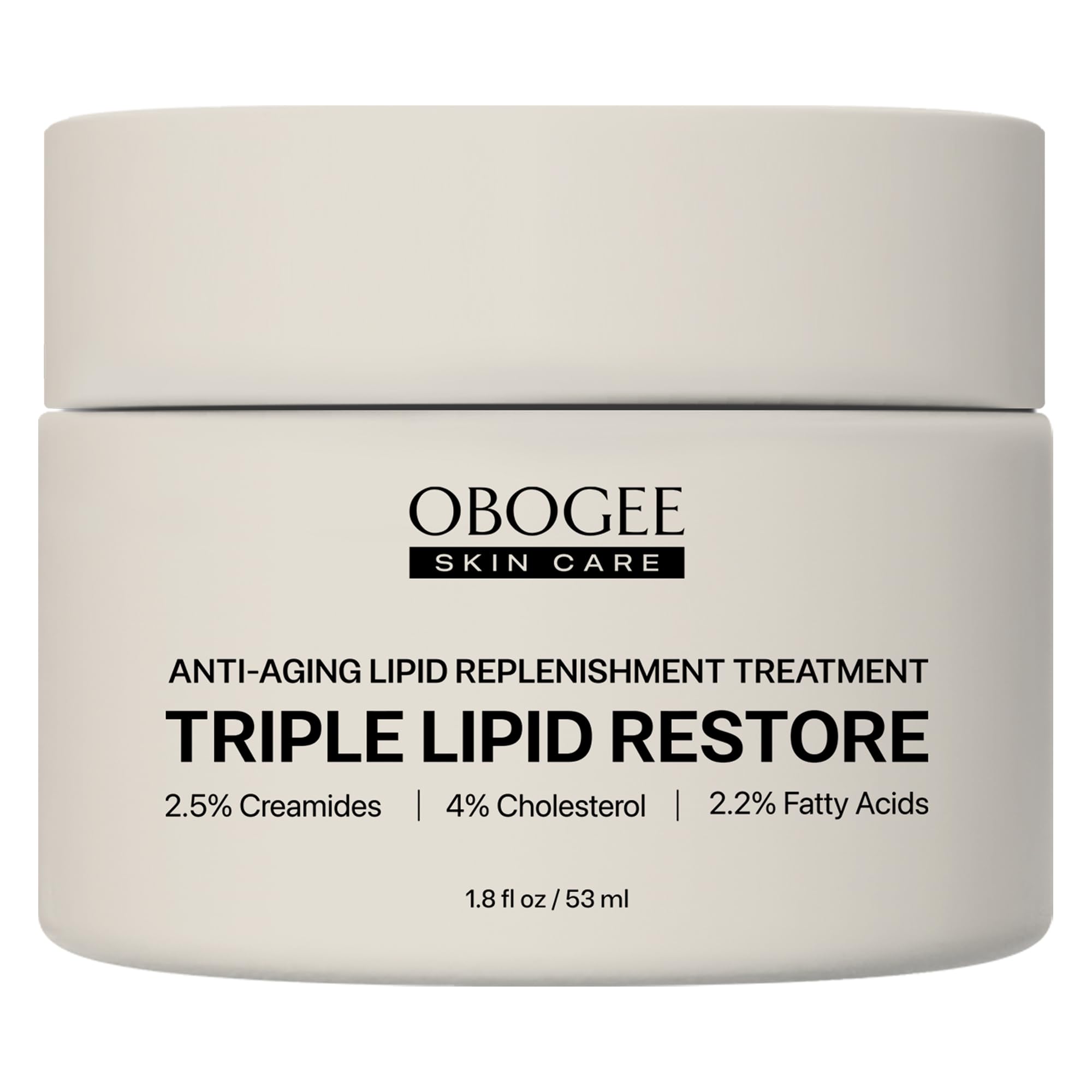 OBOGEE Triple Lipid Restore jar closeup with ceramides for deep hydration.