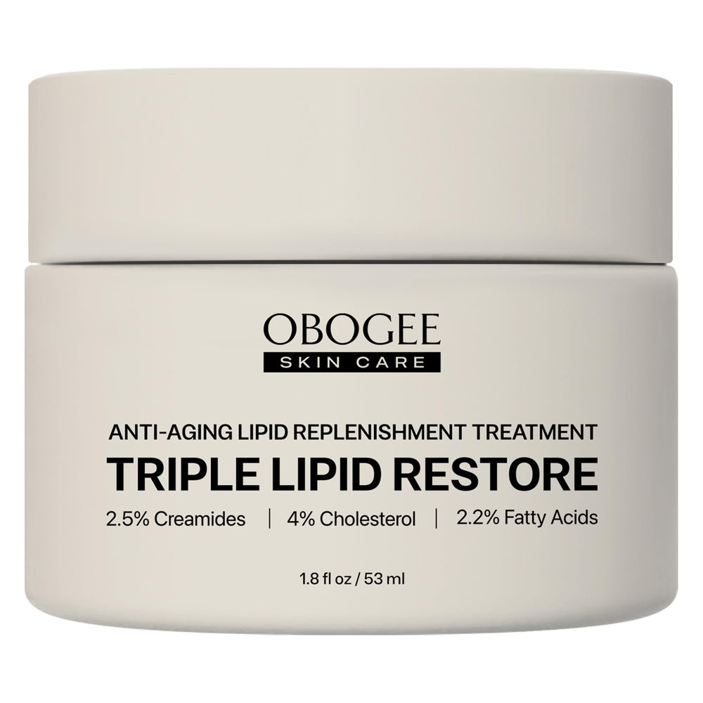 OBOGEE Triple Lipid Restore jar closeup with ceramides for deep hydration.
