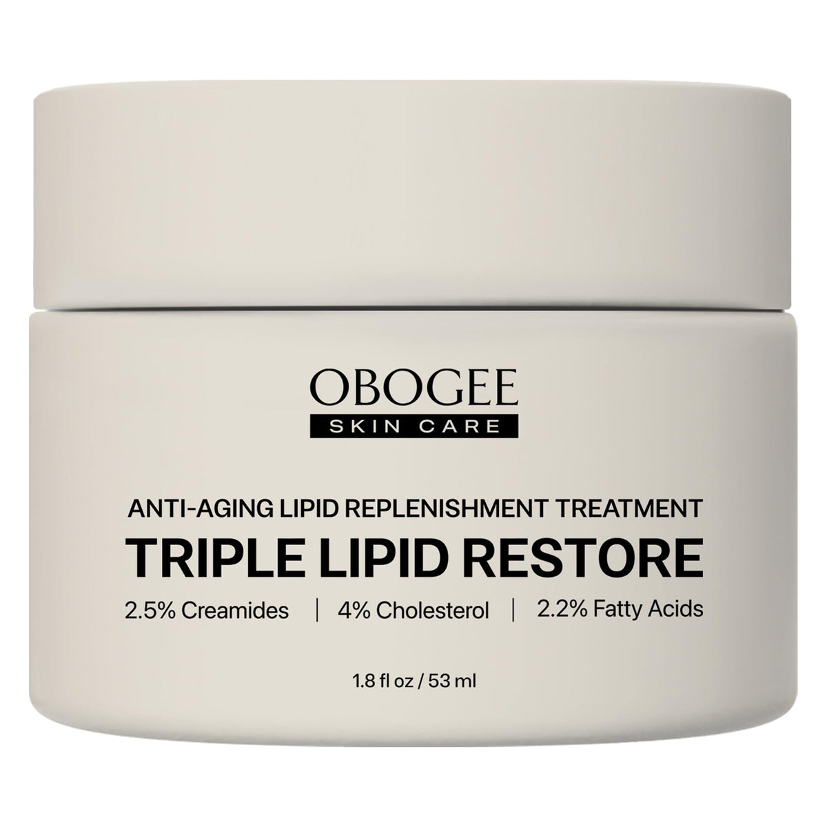 OBOGEE Triple Lipid Restore jar closeup with ceramides for deep hydration.
