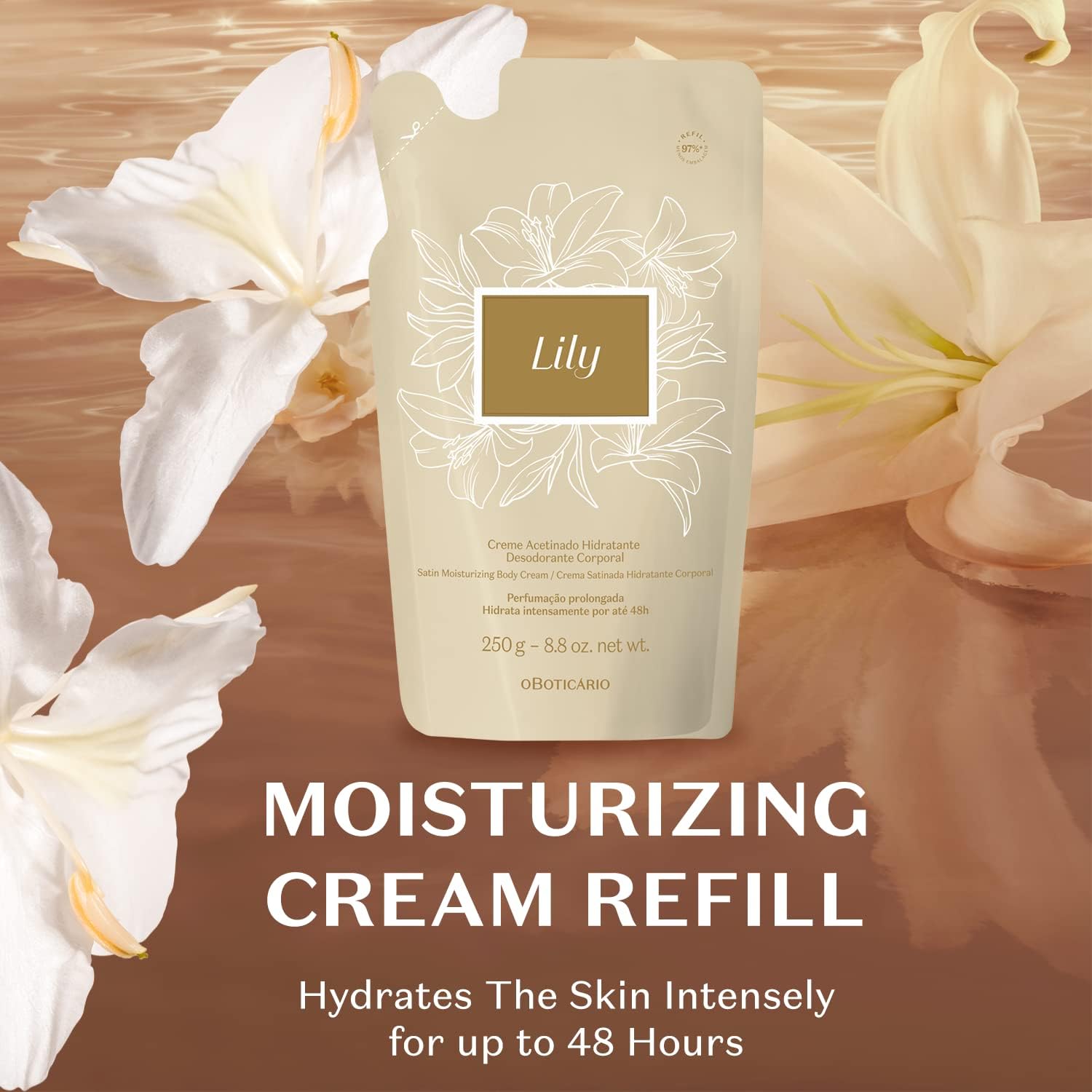 O Boticário Lily Satin texture swirl emphasizes quick-absorbing, silky finish for daily use.