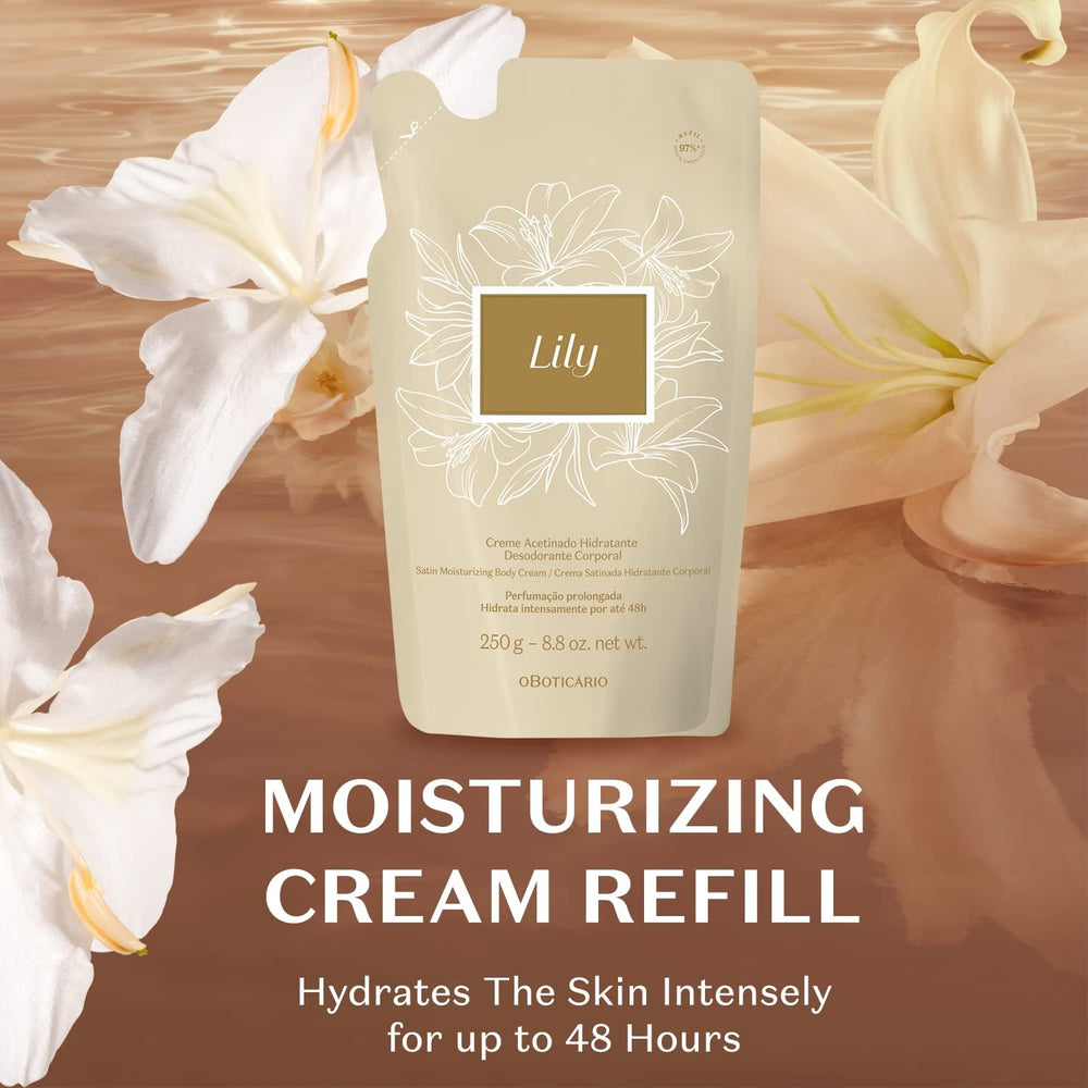 O Boticário Lily Satin texture swirl emphasizes quick-absorbing, silky finish for daily use.