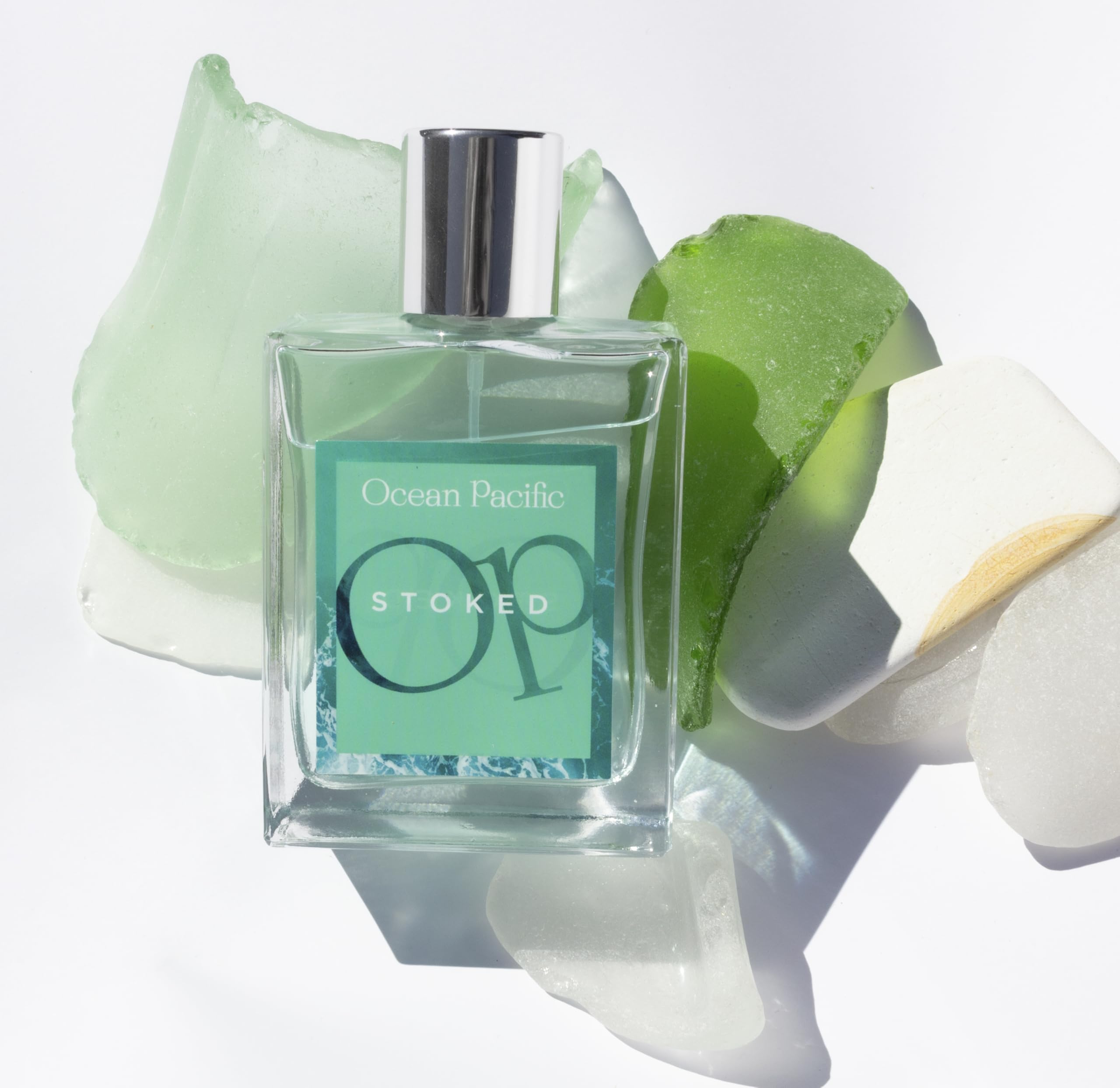 Ocean Pacific Stoked label artwork emphasizing bold masculinity and adventurous vibe