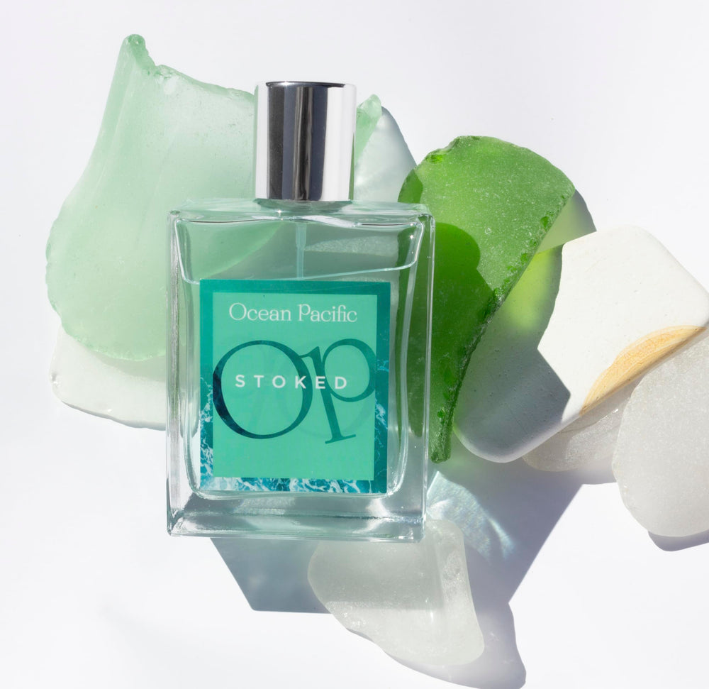Ocean Pacific Stoked label artwork emphasizing bold masculinity and adventurous vibe