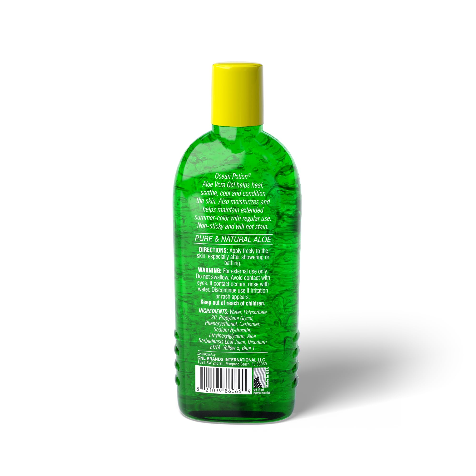 Ocean Potion Aloe Gel label close-up highlighting pure aloe and alcohol-free formula.