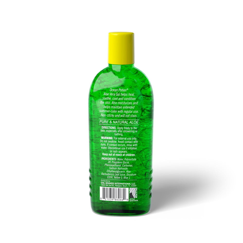Ocean Potion Aloe Gel label close-up highlighting pure aloe and alcohol-free formula.