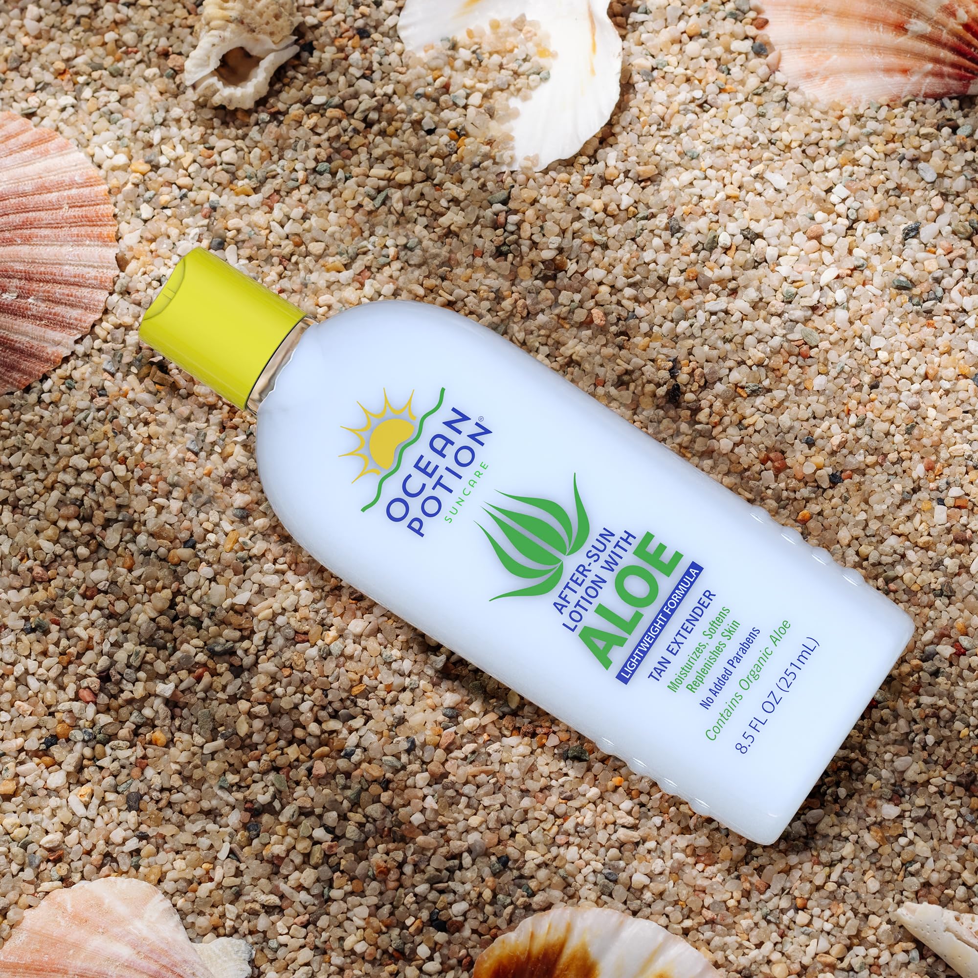 Ocean Potion After Sun Lotion beach scene suggests refreshing post-sun ritual