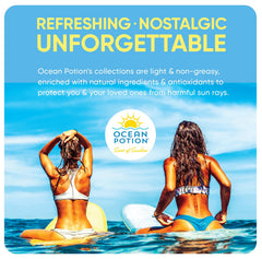 Family enjoying sunny beach with Ocean Potion protection.