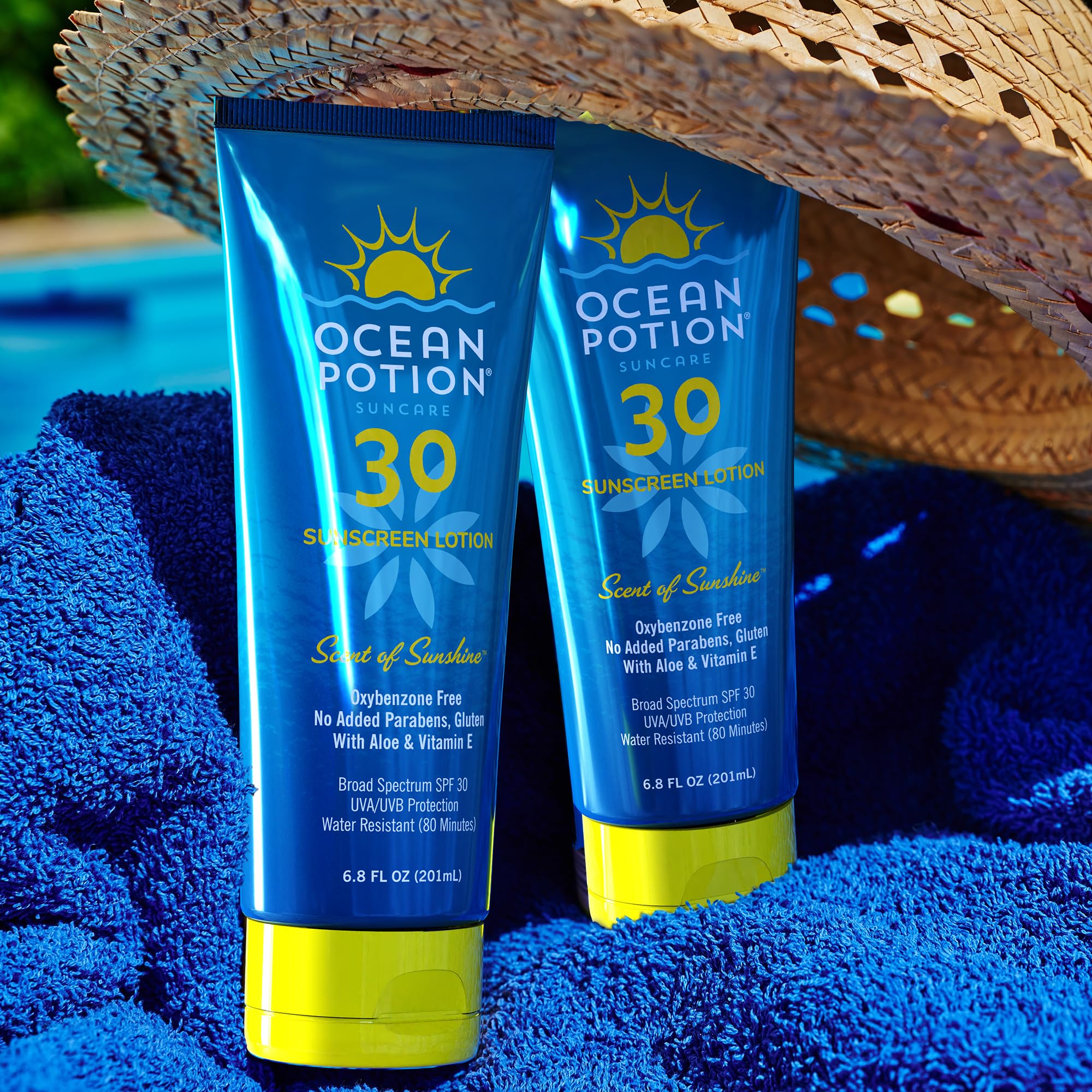 Ocean Potion Sunscreen Lotion label highlights broad spectrum UVA/UVB protection.