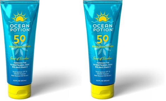 Ocean Potion Sunscreen Lotion SPF50 bottle front, broad spectrum protection branding.