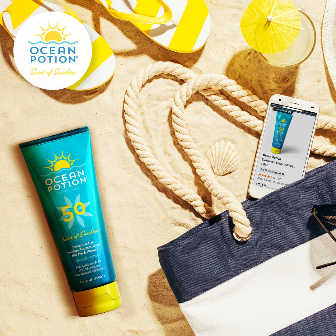 Texture closeup of Ocean Potion SPF50 sunscreen lotion on skin.