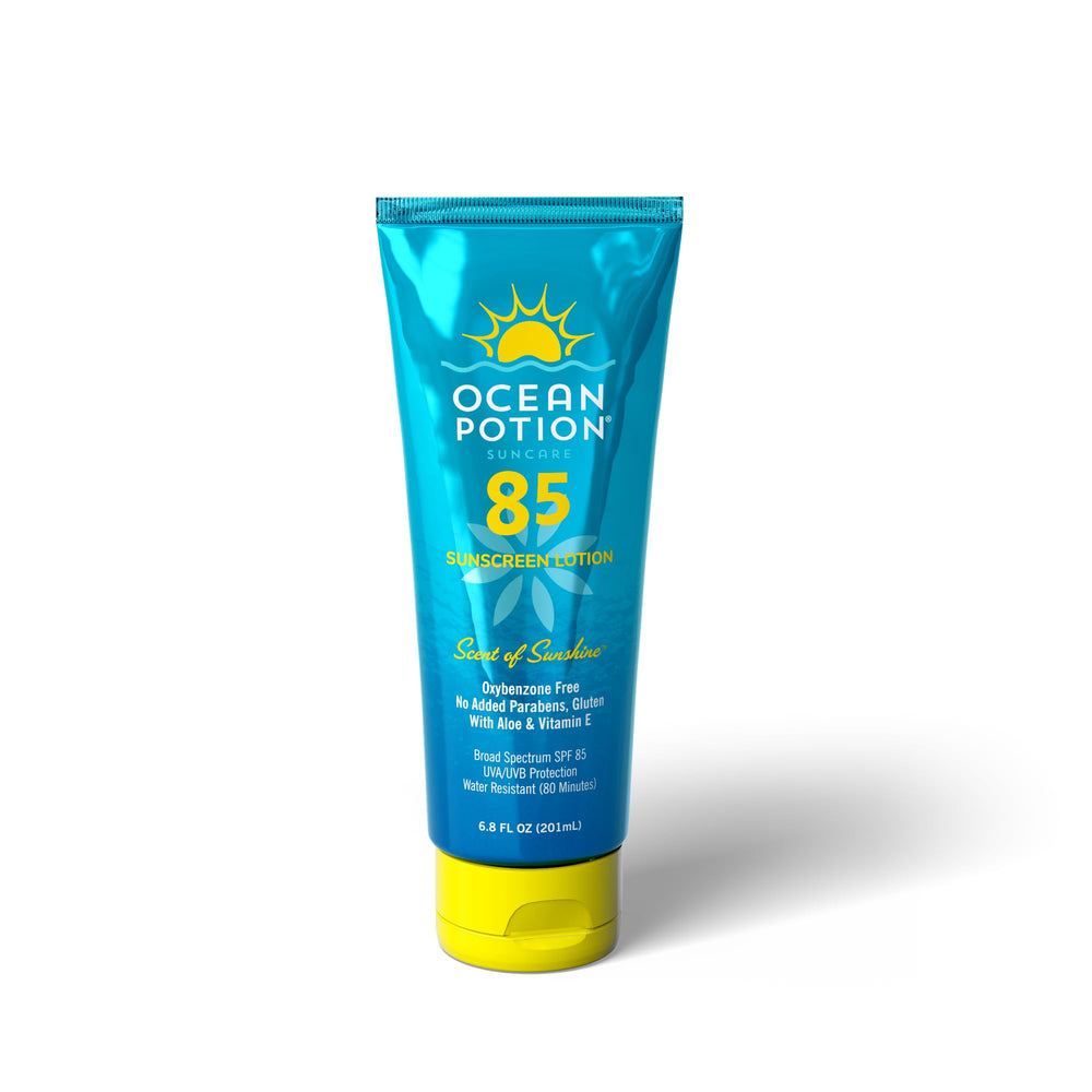 Ocean Potion Sunscreen Lotion SPF85 bottle front label showing broad UVA/UVB protection.