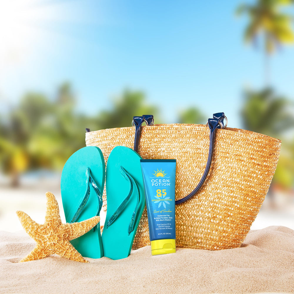 Ocean Potion bottle shown with beach backdrop and 80-minute water resistance label.