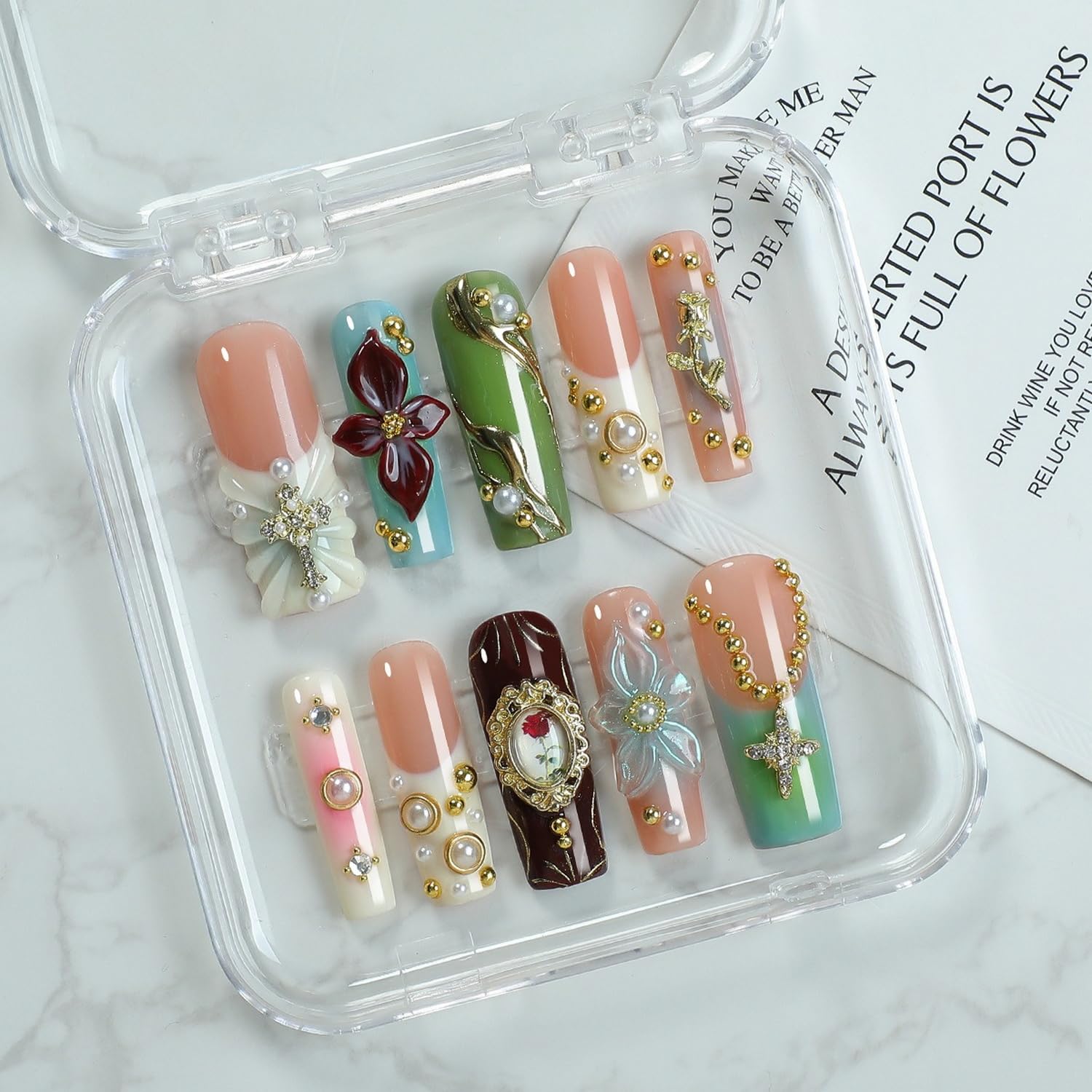OCOUYVD handmade press-on nails long square with pearl rhinestones for elegant evenings.
