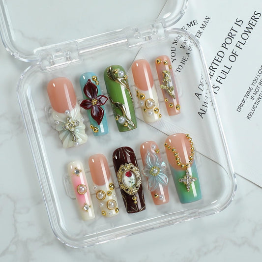 OCOUYVD handmade press-on nails long square with pearl rhinestones for elegant evenings.