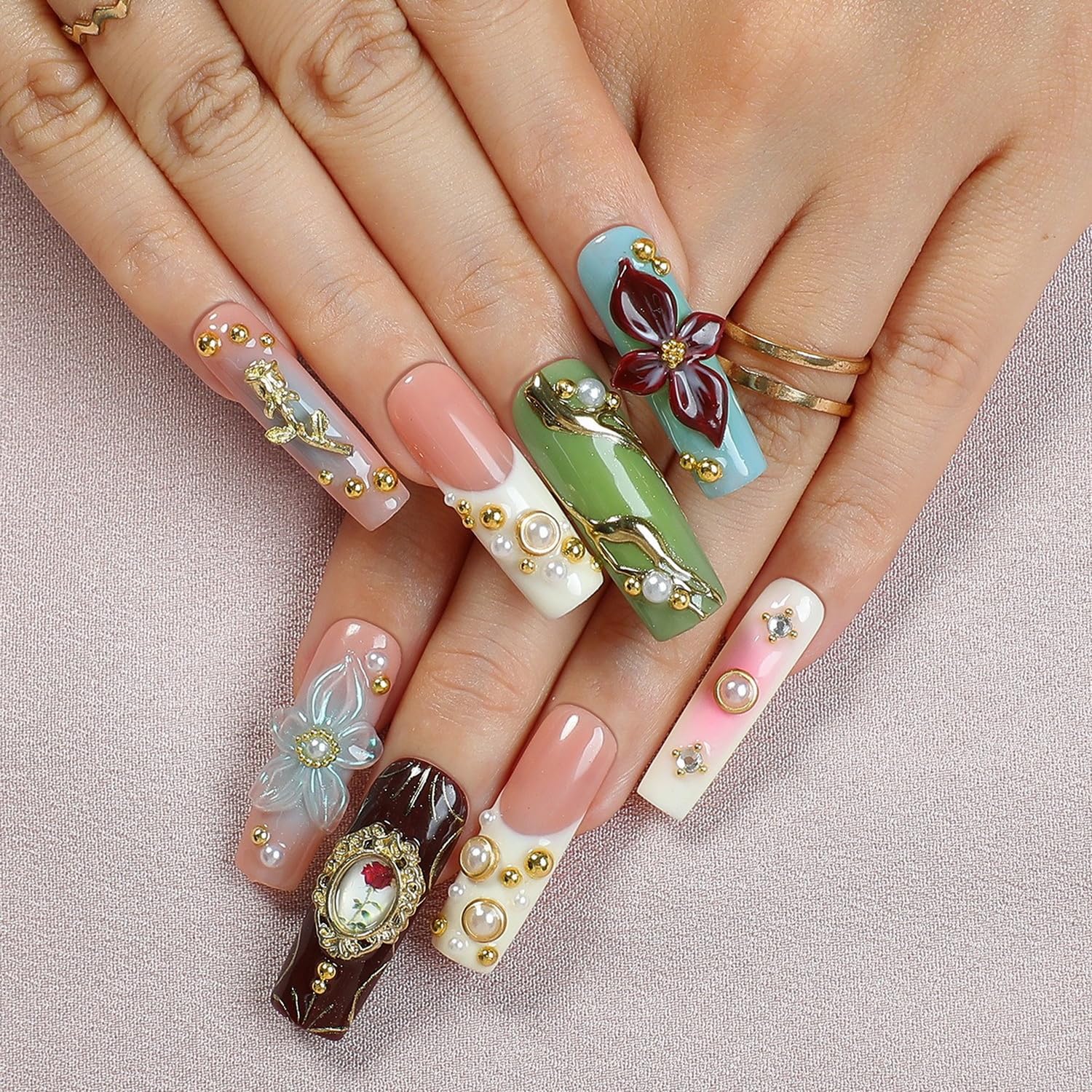 OCOUYVD rose art nails highlight 3D flower designs for weddings or special occasions.