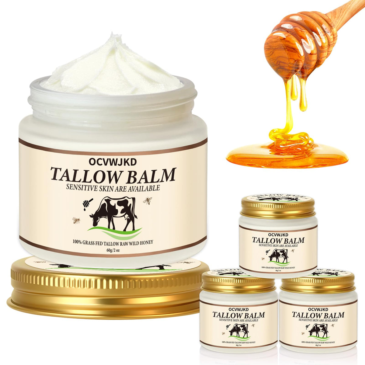 OCVWJKD Beef Tallow & Honey Balm front pack view highlighting natural ingredients and packaging.