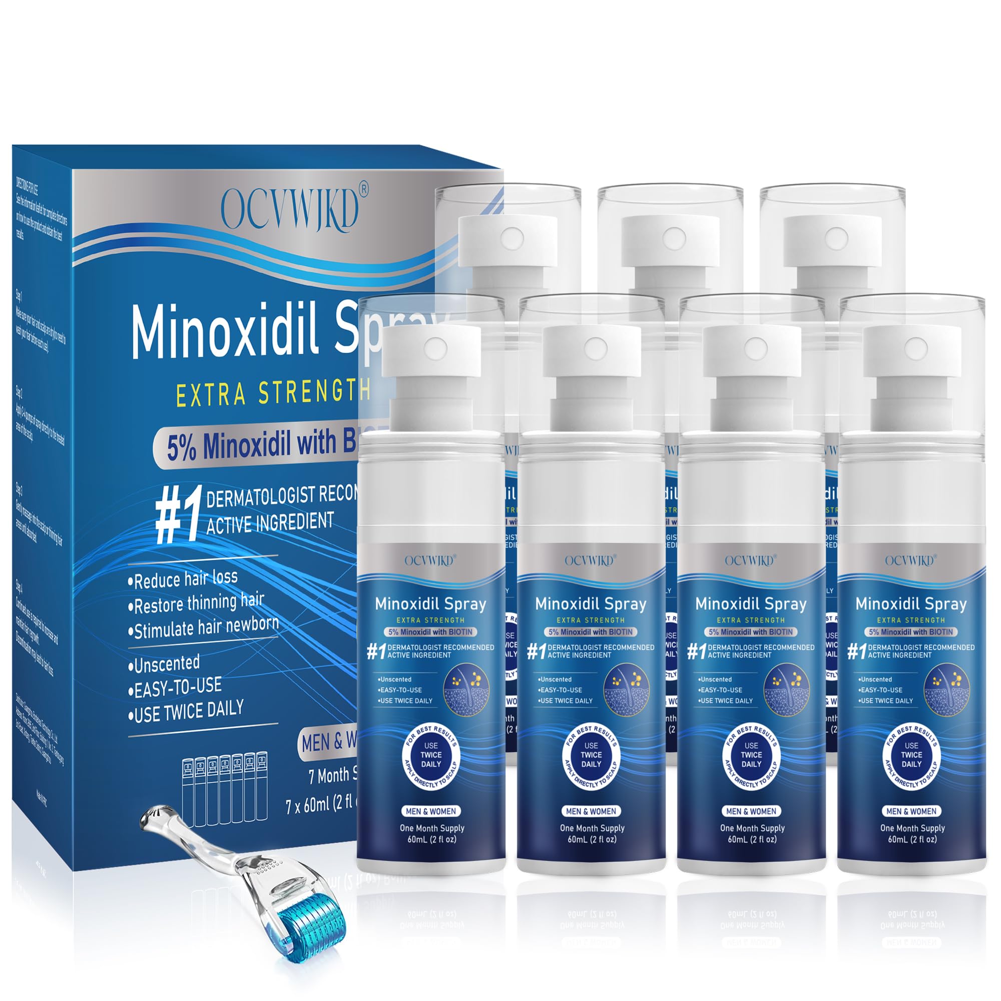 OCVWJKD 5percent Minoxidil spray bottle front view, scalp-friendly formula.