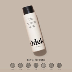 Odele Clarifying Shampoo label close-up shows oakmoss and ylang-ylang fragrance