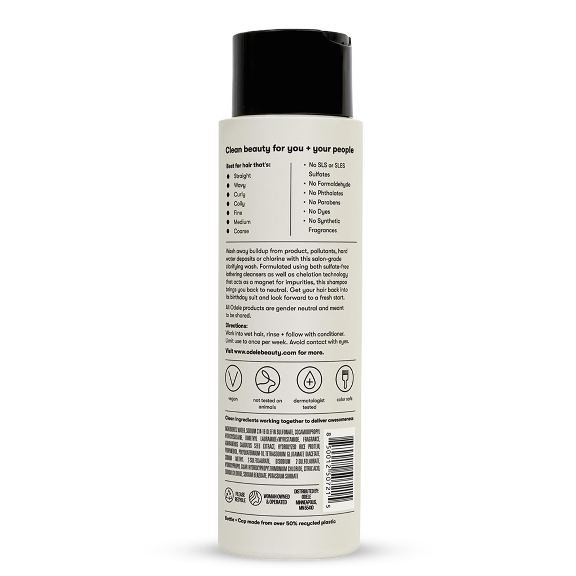 Odele Clarifying Shampoo packaging design highlights clean, straightforward use.