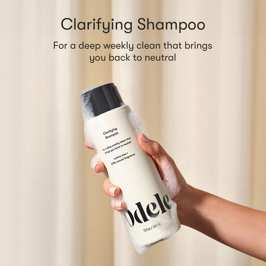 Odele Clarifying sulfate-free shampoo label close-up highlighting color-safe chelation tech