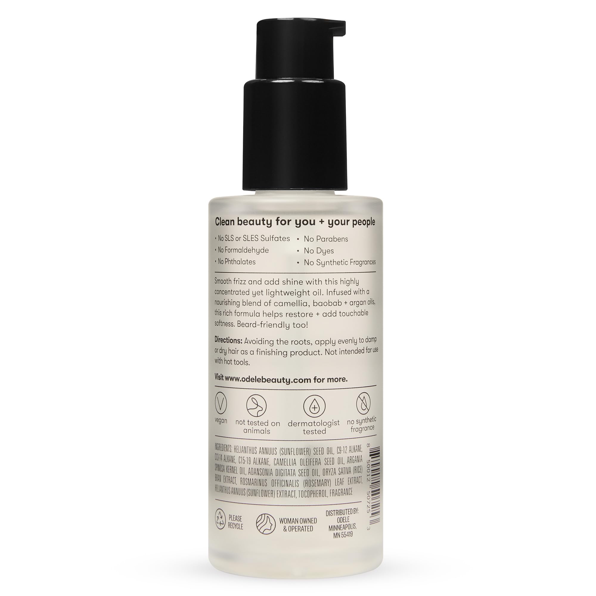 Odele Hair Oil packaging highlighting vegan, cruelty-free care.