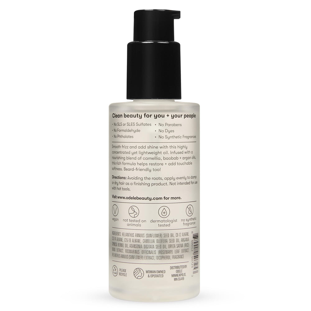 Odele Hair Oil packaging highlighting vegan, cruelty-free care.