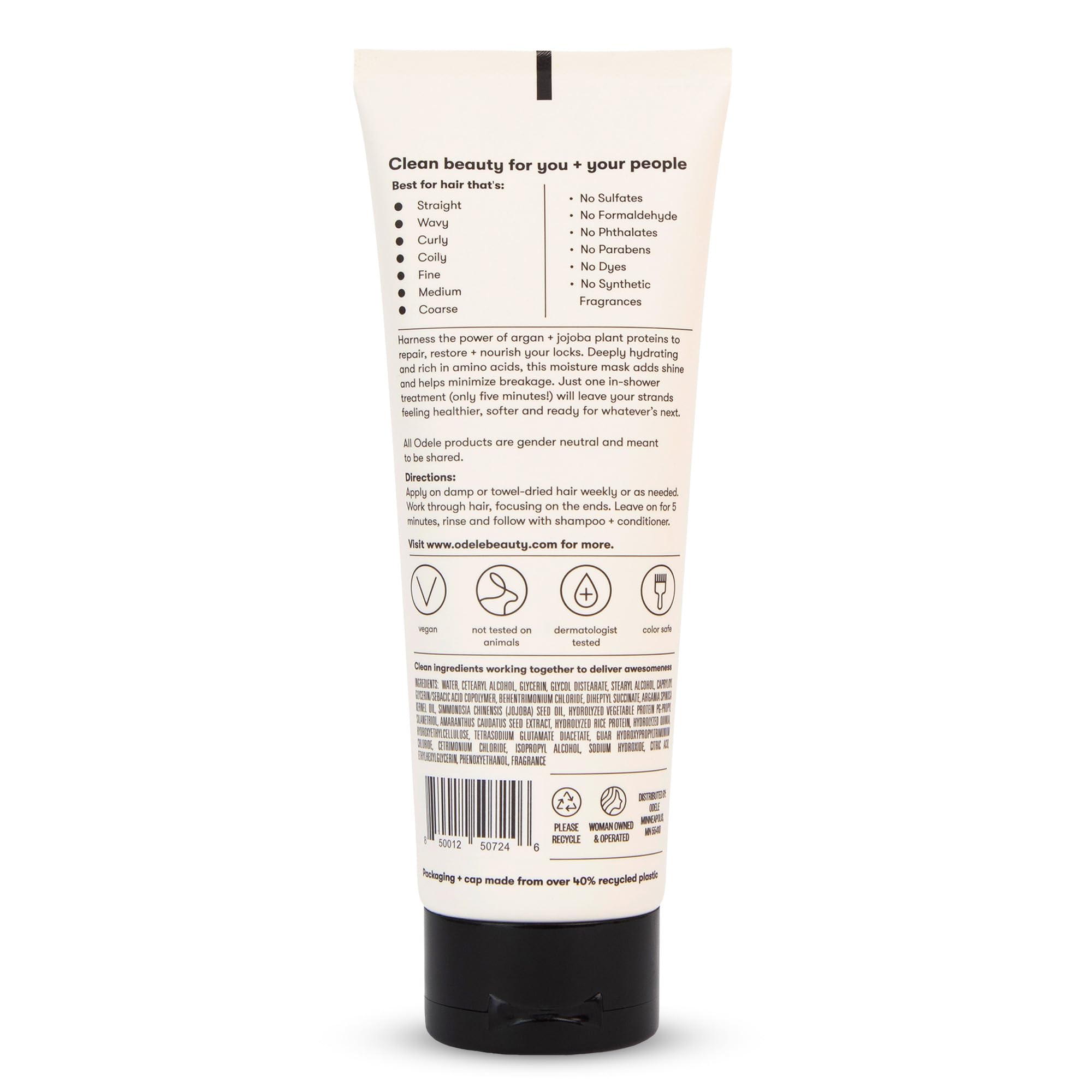 Odele Moisture Hair Mask packaging and pump bottle for easy application