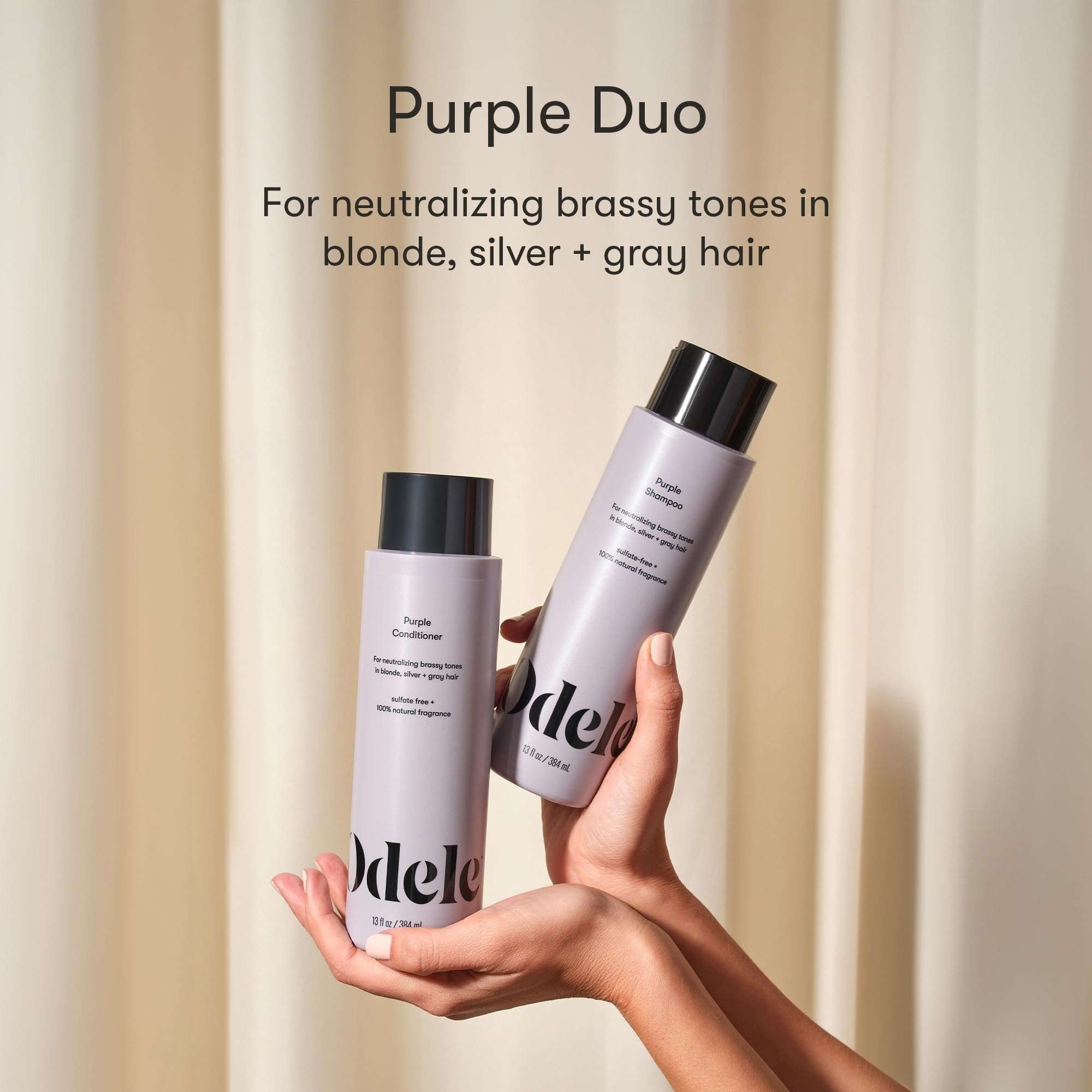 Odele Purple Shampoo bottle close-up highlights coconut oil for moisture and shine