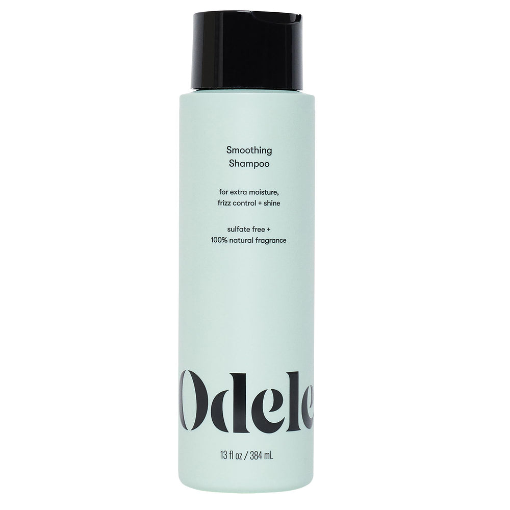 Odele smoothing shampoo bottle close-up shows moisture-rich formula for frizz control