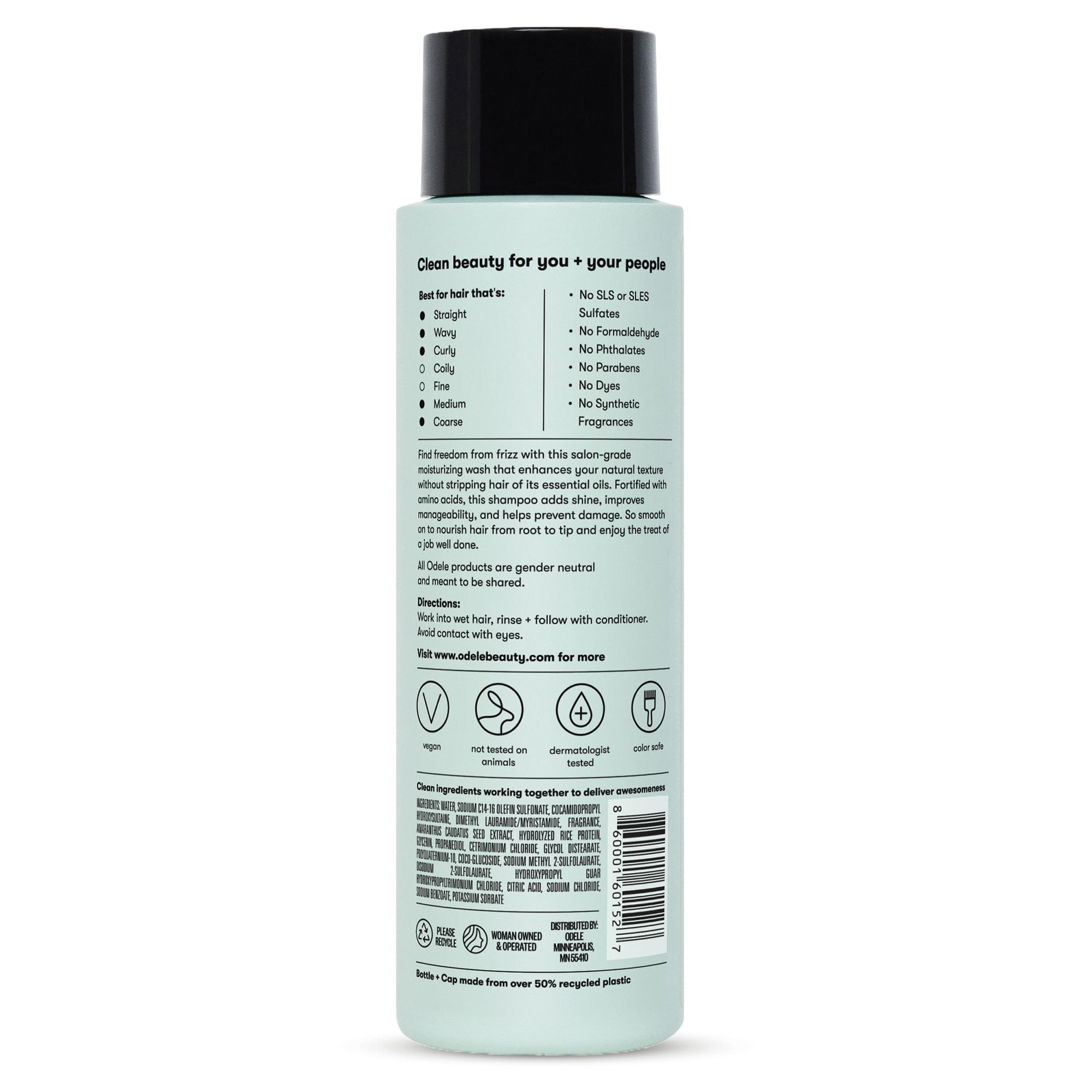 Odele smoothing shampoo flat lay with scent notes of oakmoss, ylang-ylang, cucumber