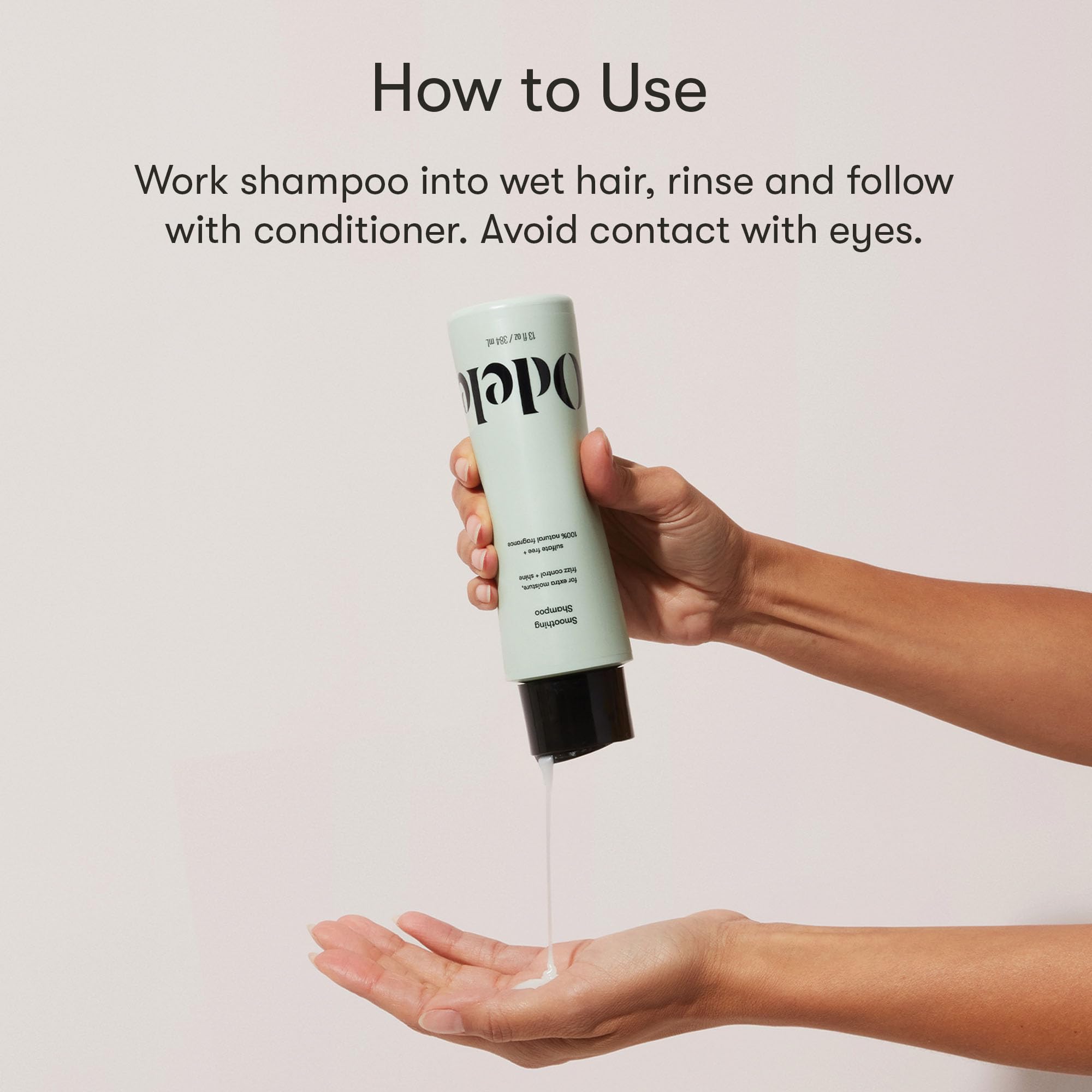 Odele smoothing shampoo on wet hair demonstrates even distribution and frizz smoothing